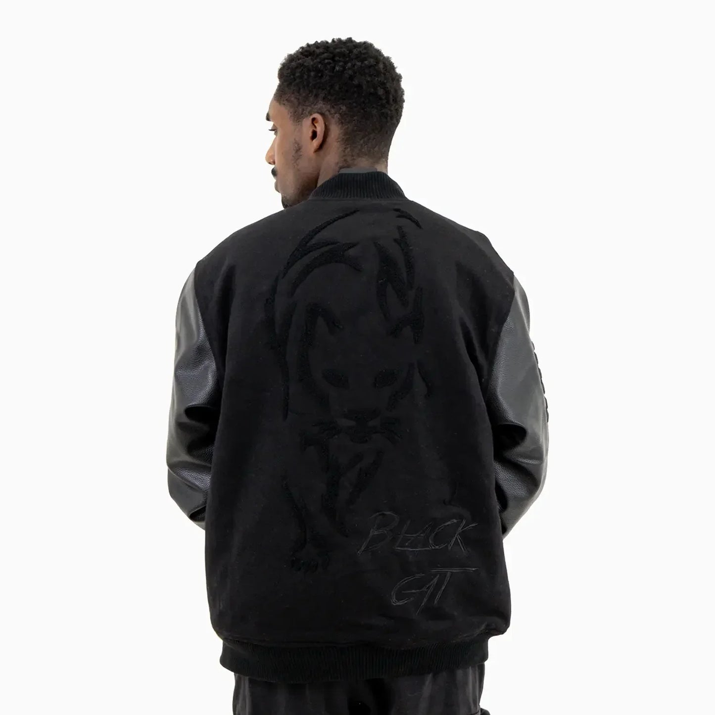 Men's Black Cat Wool Varsity Jacket