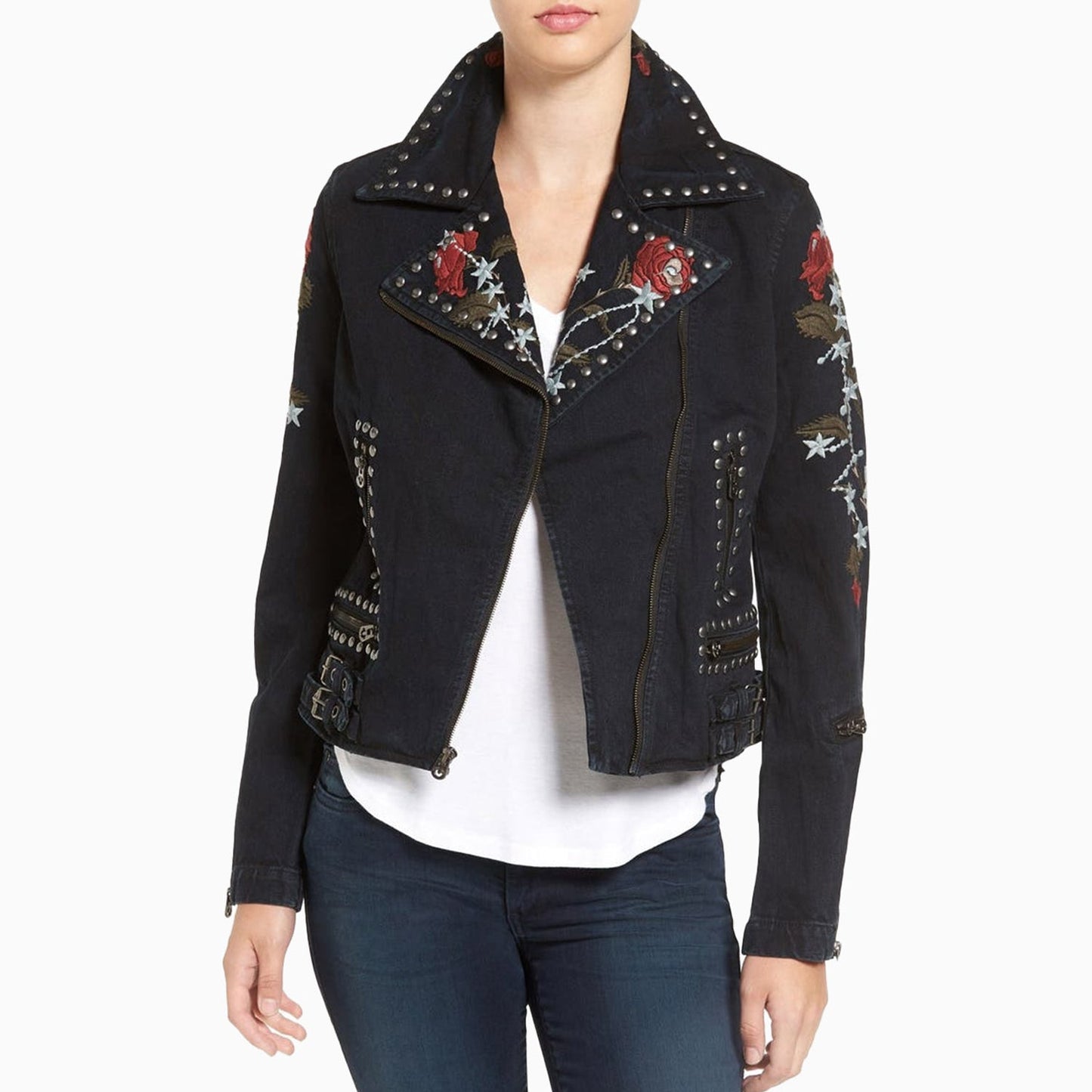 Women's Embroidered Denim Moto Jacket