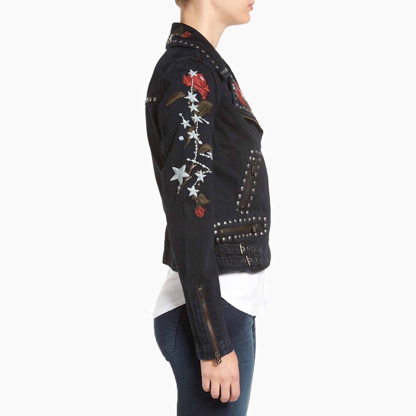 Women's Embroidered Denim Moto Jacket
