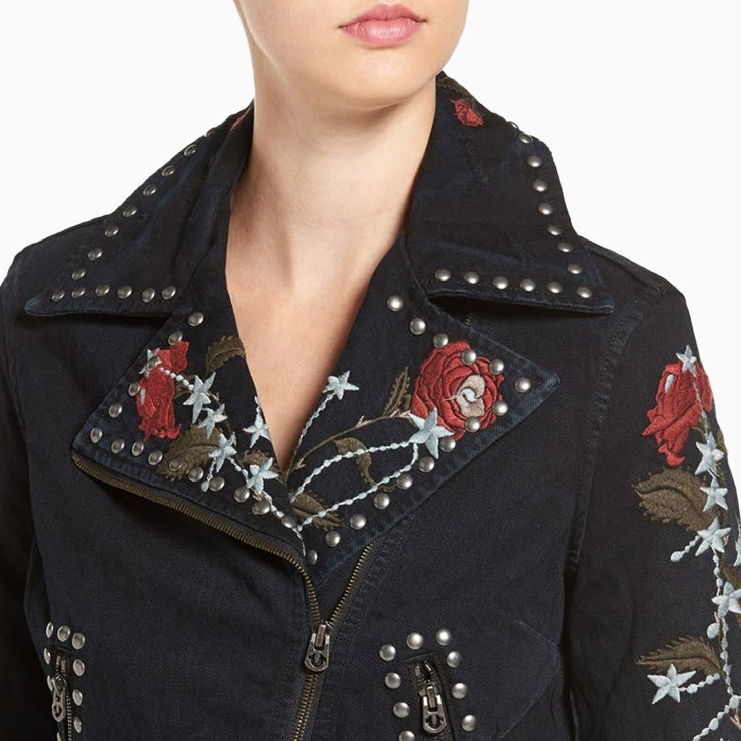 Women's Embroidered Denim Moto Jacket