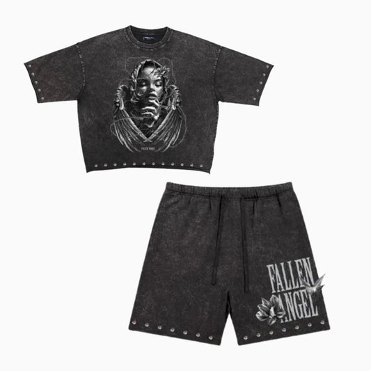 Men's Fallen Angel Enzyme Washed Studded Outfit