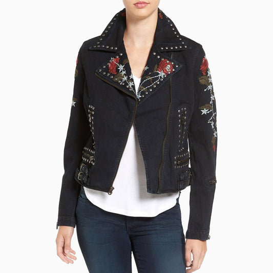 Women's Embroidered Denim Moto Jacket